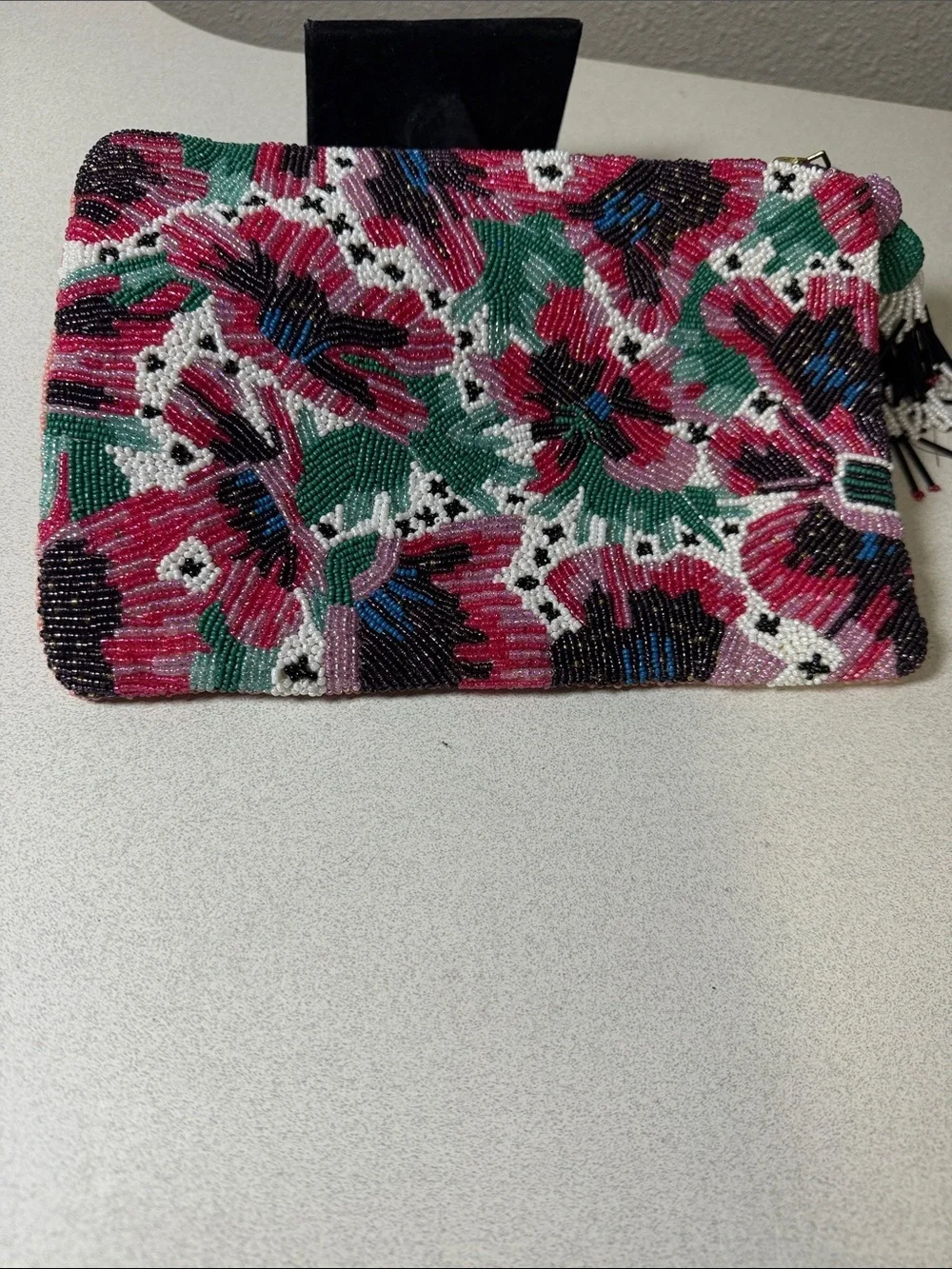 Anthropologie Pink Beaded 'Stop and Smell the Roses' Zip Pouch